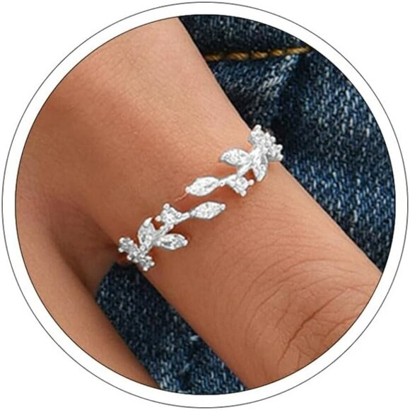 18K Gold Plated Ring Open Adjustable Ring Cubic Zirconia Leaf Ring for Women Dai - Picture 1 of 7